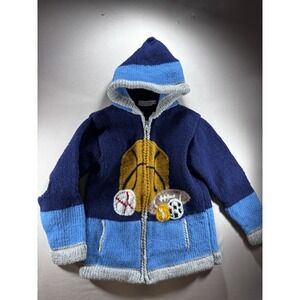100% Wool Hand Knitted In Ecuador Boy/ Unisex Sports  Sweater Full Zip W/Hood 10